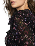 REISS FAIZA BLACK FLORAL PRINT RUFFLE TRIM LONG SLEEVED TOP SIZE 12