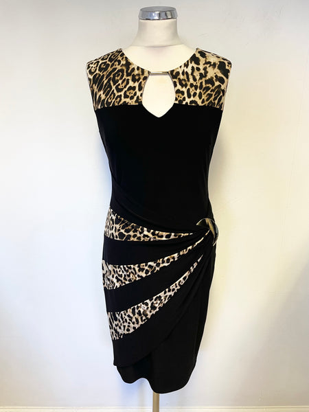 JOSEPH RIBKOFF BLACK & LEOPARD PRINT TRIM SLEEVELESS PENCIL DRESS SIZE 10