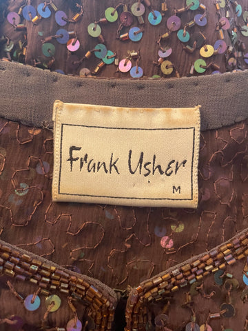 FRANK USHER 100% SILK BROWN SEQUINNED OVER SHIRT/ JACKET & VEST TOP SIZE 12/M