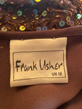 FRANK USHER 100% SILK BROWN SEQUINNED OVER SHIRT/ JACKET & VEST TOP SIZE 12/M