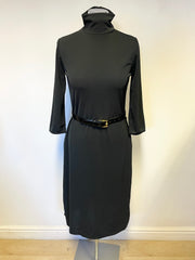 CALVIN KLEIN BLACK HIGH NECK 3/4 SLEEVE BELTED DRESS SIZE S