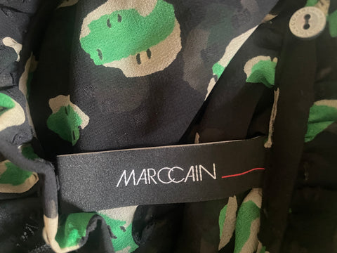 MARCCAIN NAVY & GREEN PRINT FRILL TRIMMED BLOUSE SIZE N5 UK 16