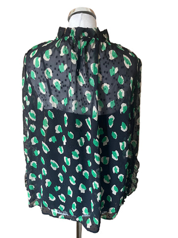MARCCAIN NAVY & GREEN PRINT FRILL TRIMMED BLOUSE SIZE N5 UK 16