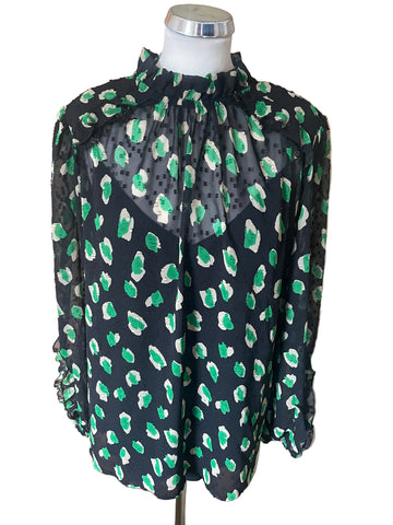MARCCAIN NAVY & GREEN PRINT FRILL TRIMMED BLOUSE SIZE N5 UK 16