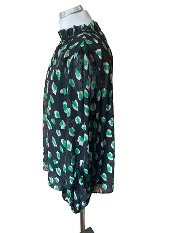 MARCCAIN NAVY & GREEN PRINT FRILL TRIMMED BLOUSE SIZE N5 UK 16
