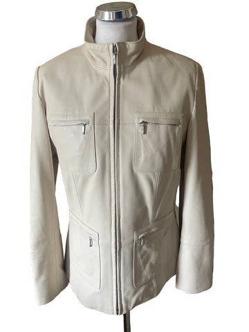MARKS & SPENCER 100% LEATHER CREAM ZIP FRONT JACKET SIZE 14