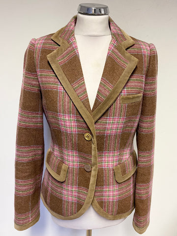 JOULES LIGHT BROWN CHECK 100% WOOL V NECK LONG SLEEVE JACKET SIZE 10