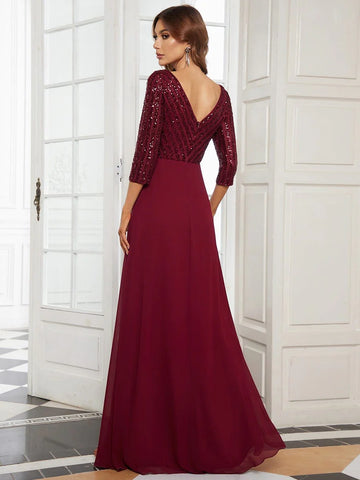 BRAND NEW EVER PRETTY BURGUNDY SEQUINNED BODICE 3/4 SLEEVE LONG EVENING DRESS SIZE 12