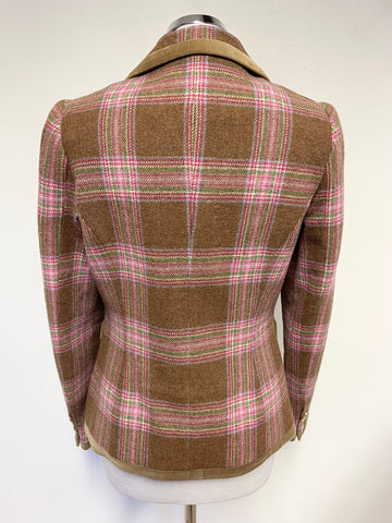 JOULES LIGHT BROWN CHECK 100% WOOL V NECK LONG SLEEVE JACKET SIZE 10