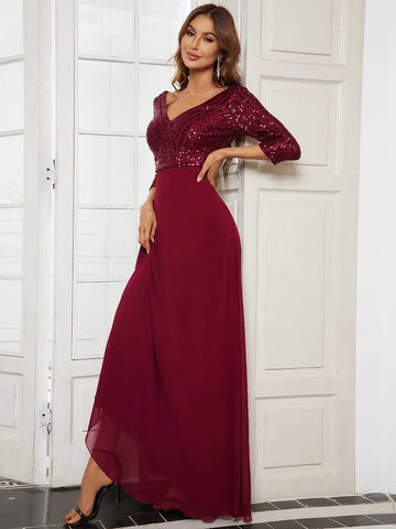 BRAND NEW EVER PRETTY BURGUNDY SEQUINNED BODICE 3/4 SLEEVE LONG EVENING DRESS SIZE 12