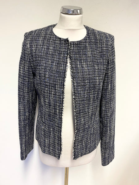BRORA LINTON TWEED NAVY & WHITE COLLARLESS EDGE TO EDGE JACKET SIZE 10