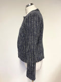BRORA LINTON TWEED NAVY & WHITE COLLARLESS EDGE TO EDGE JACKET SIZE 10