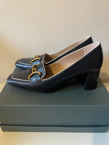 LK BENNETT BLACK LEATHER & GOLD HORSE BIT TRIM HEELS SIZE 7/40