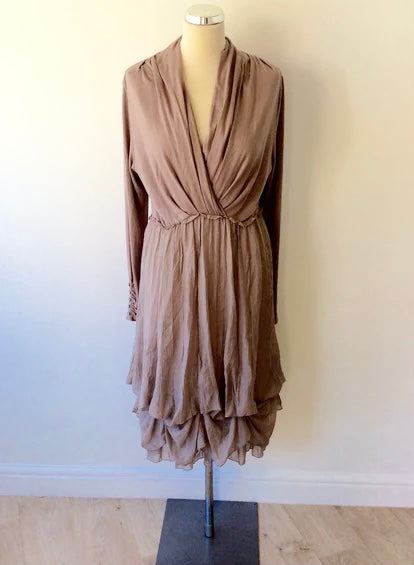 MINT VELVET TAUPE LONG SLEEVED WITH SILK PARACHUTE HEM SKIRT DRESS SIZE 14