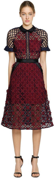 BRAND NEW SELF-PORTRAIT BURGUNDY & NAVY FLORAL GRID MIDI DRESS SIZE 8