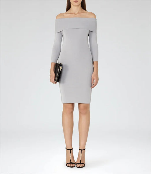 BRAND NEW REISS MADELINE SILVER GREY OFF SHOULDER KNIT BODYCON DRESS SIZE 6