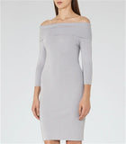 BRAND NEW REISS MADELINE SILVER GREY OFF SHOULDER KNIT BODYCON DRESS SIZE 6