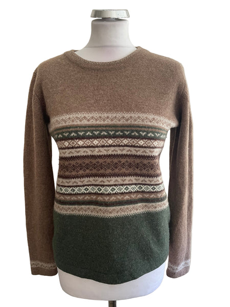 MULBERRY 100% WOOL BROWN & GREEN FAIR ISLE JUMPER SIZE M