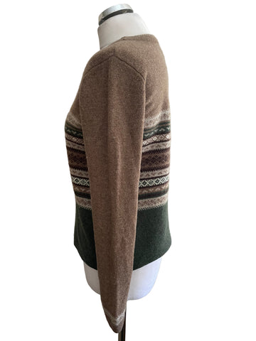 MULBERRY 100% WOOL BROWN & GREEN FAIR ISLE JUMPER SIZE M