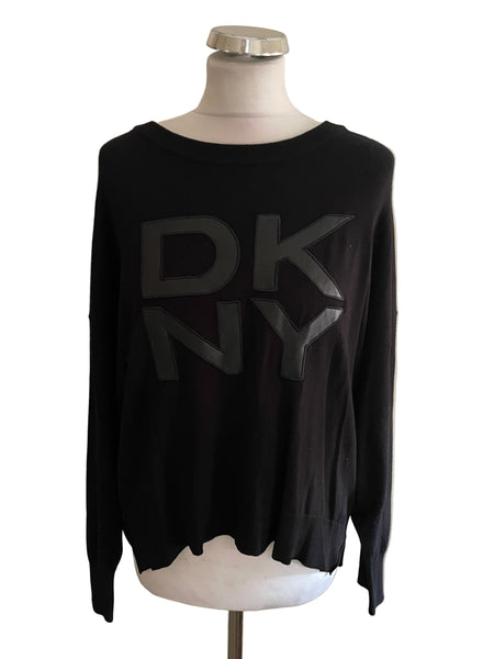 DKNY BLACK EMBOSSED  LOGO FRONT LONG SLEEVE JUMPER SIZE M