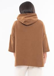 MAMA B ULASSAI BROWN WOOL BLEND PULLOVER 3/4 SLEEVED HOODED TOP SIZE S