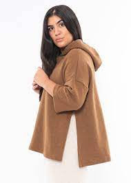 MAMA B ULASSAI BROWN WOOL BLEND PULLOVER 3/4 SLEEVED HOODED TOP SIZE S