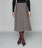 REISS GABRIELLA BLACK & BEIGE ZIG ZAG KNIT A-LINE MIDI SKIRT SIZE S