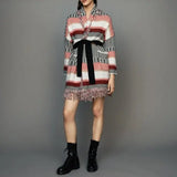 MAJE MAARTEEN MULTI COLOURED STRIPE OVERSIZE FRINGED BELTED CARDIGAN/ JACKET SIZE 1