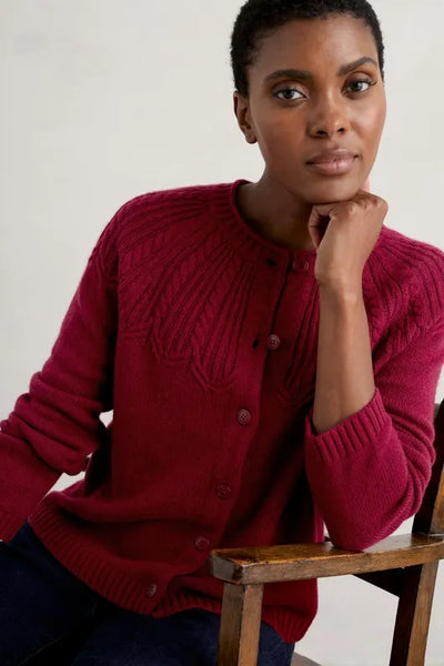 BRAND NEW SEASALT SAND SONG DARK RED CABLE TRIM LONG SLEEVED CARDIGAN SIZE 10