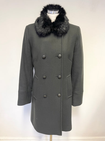 JIGSAW DARK GREY & BLACK DETACHABLE FUR COLLAR DOUBLE BREASTED COAT SIZE 12