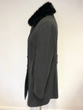 JIGSAW DARK GREY & BLACK DETACHABLE FUR COLLAR DOUBLE BREASTED COAT SIZE 12