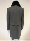 JIGSAW DARK GREY & BLACK DETACHABLE FUR COLLAR DOUBLE BREASTED COAT SIZE 12