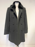 JIGSAW DARK GREY & BLACK DETACHABLE FUR COLLAR DOUBLE BREASTED COAT SIZE 12
