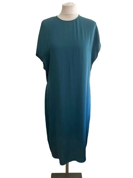 JAEGER SILK MIX TEAL SHORT SLEEVE SHIFT DRESS  SIZE 12