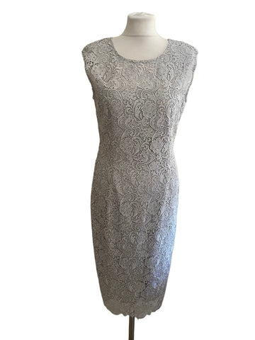 GINA BACCONI SILVER GREY LACE PENCIL DRESS SIZE 12