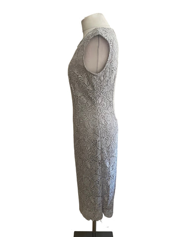 GINA BACCONI SILVER GREY LACE PENCIL DRESS SIZE 12