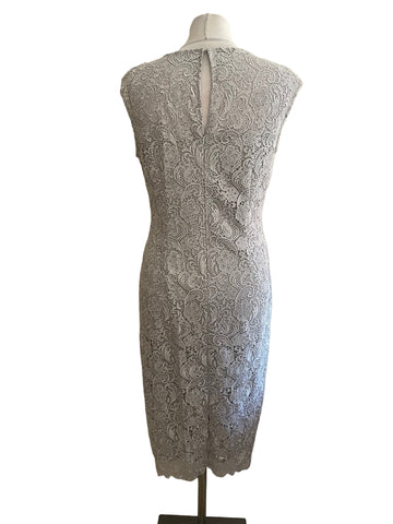 GINA BACCONI SILVER GREY LACE PENCIL DRESS SIZE 12