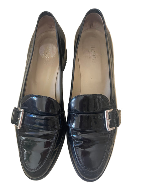 HOBBS BLACK PATENT LEATHER SLIP ON BUCKLE TRIM LOAFERS SIZE 7.5/41