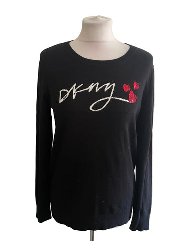 DKNY BLACK ROUND NECK SEQUIN HEART TRIM JUMPER  SIZE M