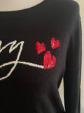 DKNY BLACK ROUND NECK SEQUIN HEART TRIM JUMPER  SIZE M