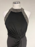 MONSOON BLACK JERSEY SILVER BEAD TRIMMED LONG EVENING DRESS SIZE 10