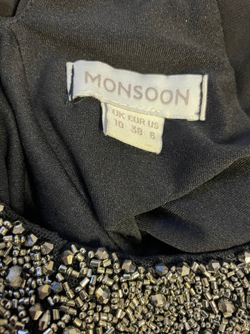 MONSOON BLACK JERSEY SILVER BEAD TRIMMED LONG EVENING DRESS SIZE 10