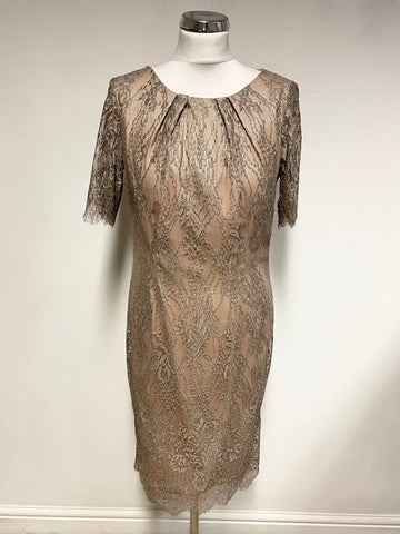 JACQUES VERT OYSTER BEIGE LACE OVERLAY SHORT SLEEVED PENCIL DRESS SIZE 10