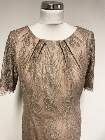 JACQUES VERT OYSTER BEIGE LACE OVERLAY SHORT SLEEVED PENCIL DRESS SIZE 10