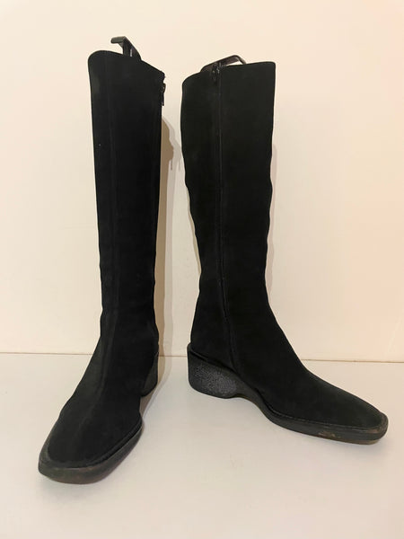 HOBBS BLACK SUEDE WEDGE HEEL KNEE LENGTH BOOTS  SIZE 7/40
