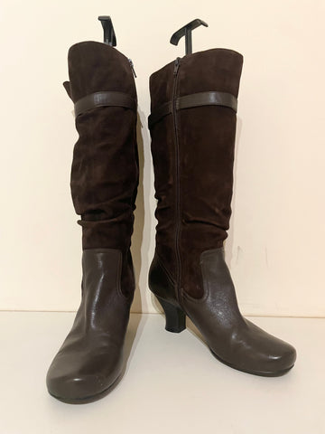 HOTTER CHARLENE DARK BROWN LEATHER & SUEDE KNEE LENGTH BOOTS SIZE 6/39