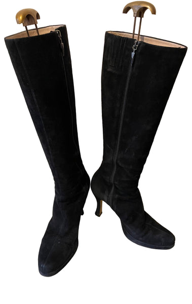 HOBBS BLACK SUEDE KNEE LENGTH HEEL BOOTS SIZE 6/39
