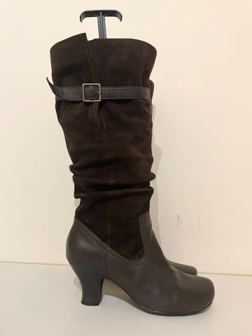 HOTTER CHARLENE DARK BROWN LEATHER & SUEDE KNEE LENGTH BOOTS SIZE 6/39