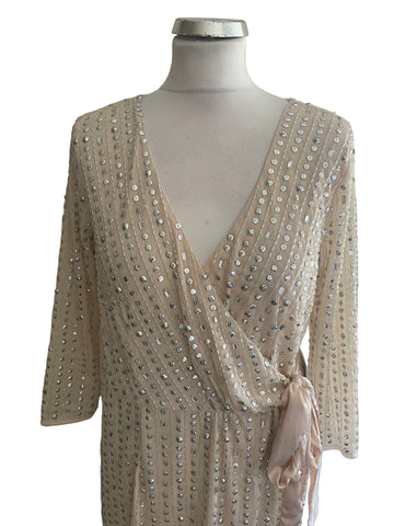 BRAND NEW LITTLE MISTRESS NUDE SEQUINNED WRAP MAXI DRESS SIZE 12