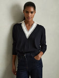 REISS NINA NAVY & WHITE TRIM COLLARED LONG SLEEVED JUMPER  SIZE L